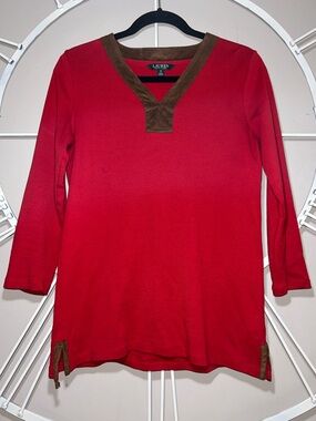 Lauren Ralph Lauren Tunic Red V-Neck 3/4 Sleeve Top with Faux Suede Brown Trim
